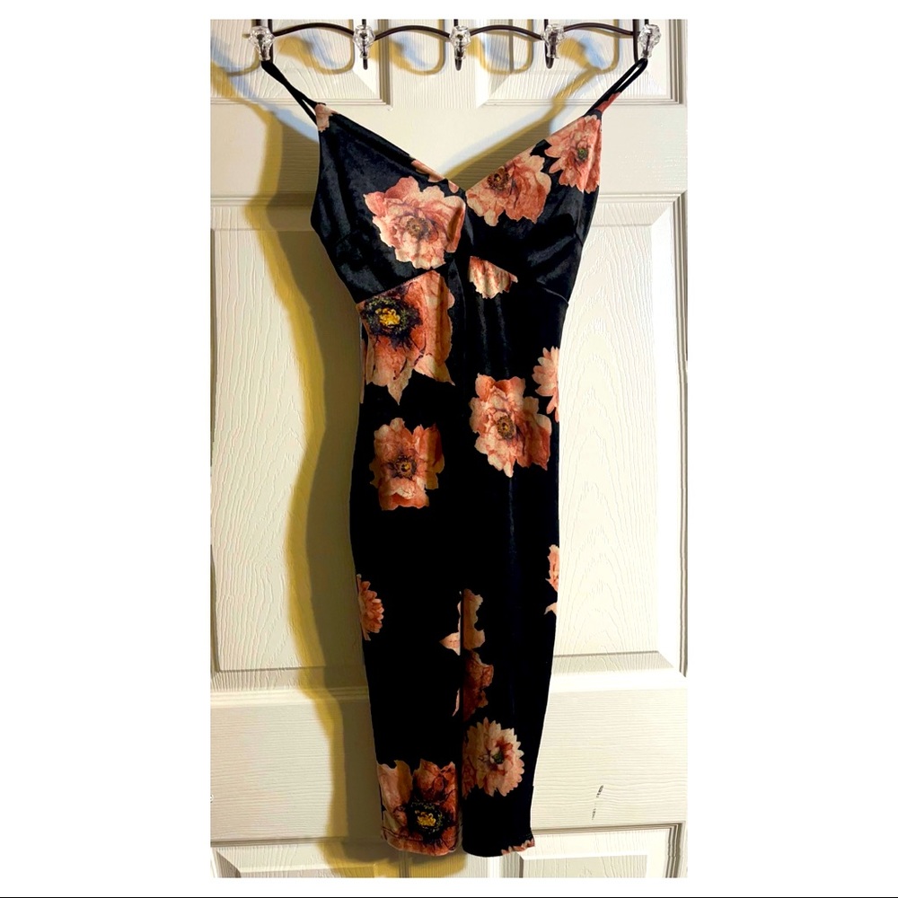 Velvet Black Body Con Dress W/Floral Print